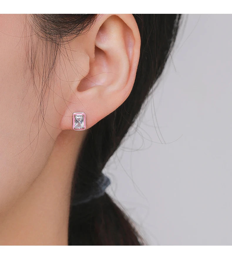 Sterling Silver Sparkling Rectangle Pink Enamel