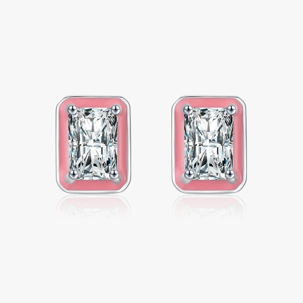 Sterling Silver Sparkling Rectangle Pink Enamel
