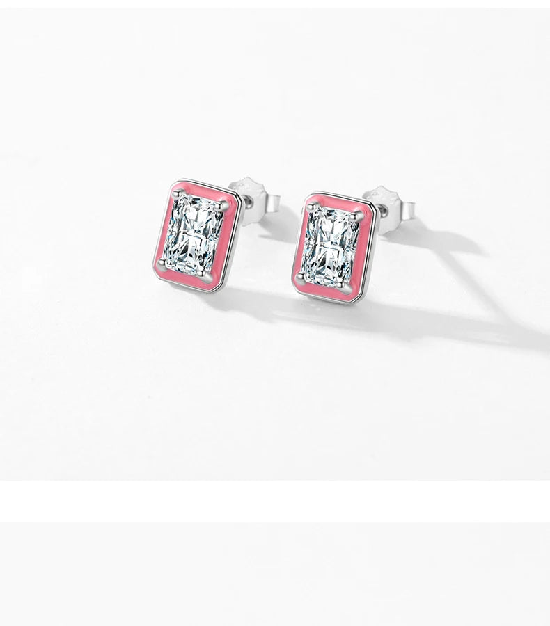Sterling Silver Sparkling Rectangle Pink Enamel
