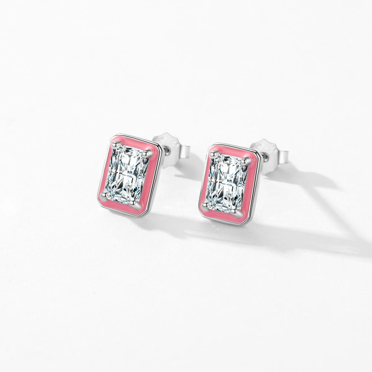 Sterling Silver Sparkling Rectangle Pink Enamel