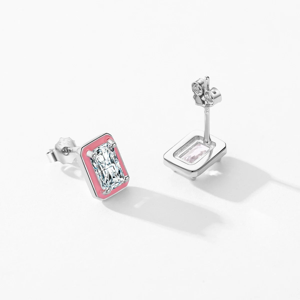 Sterling Silver Sparkling Rectangle Pink Enamel