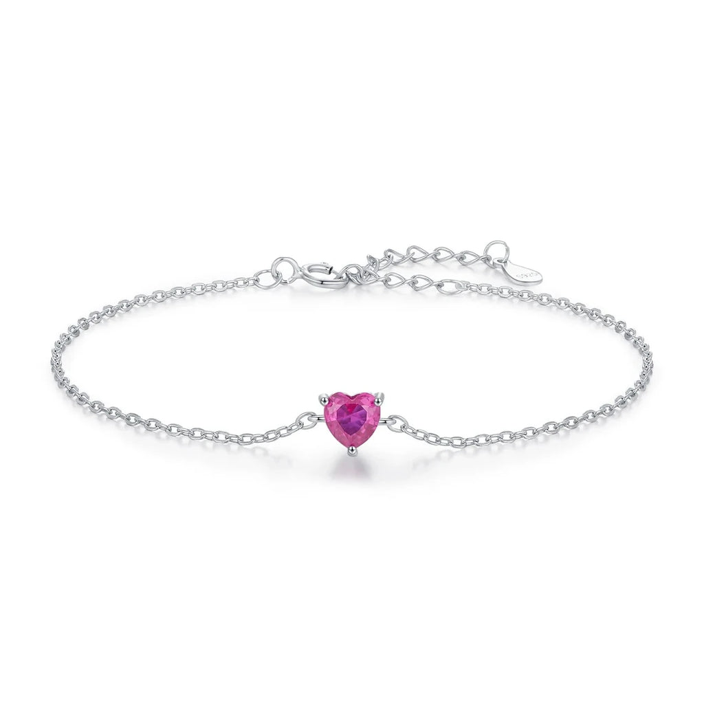 Sterling Silver Rose Red Zirconia Heart  Bracelet