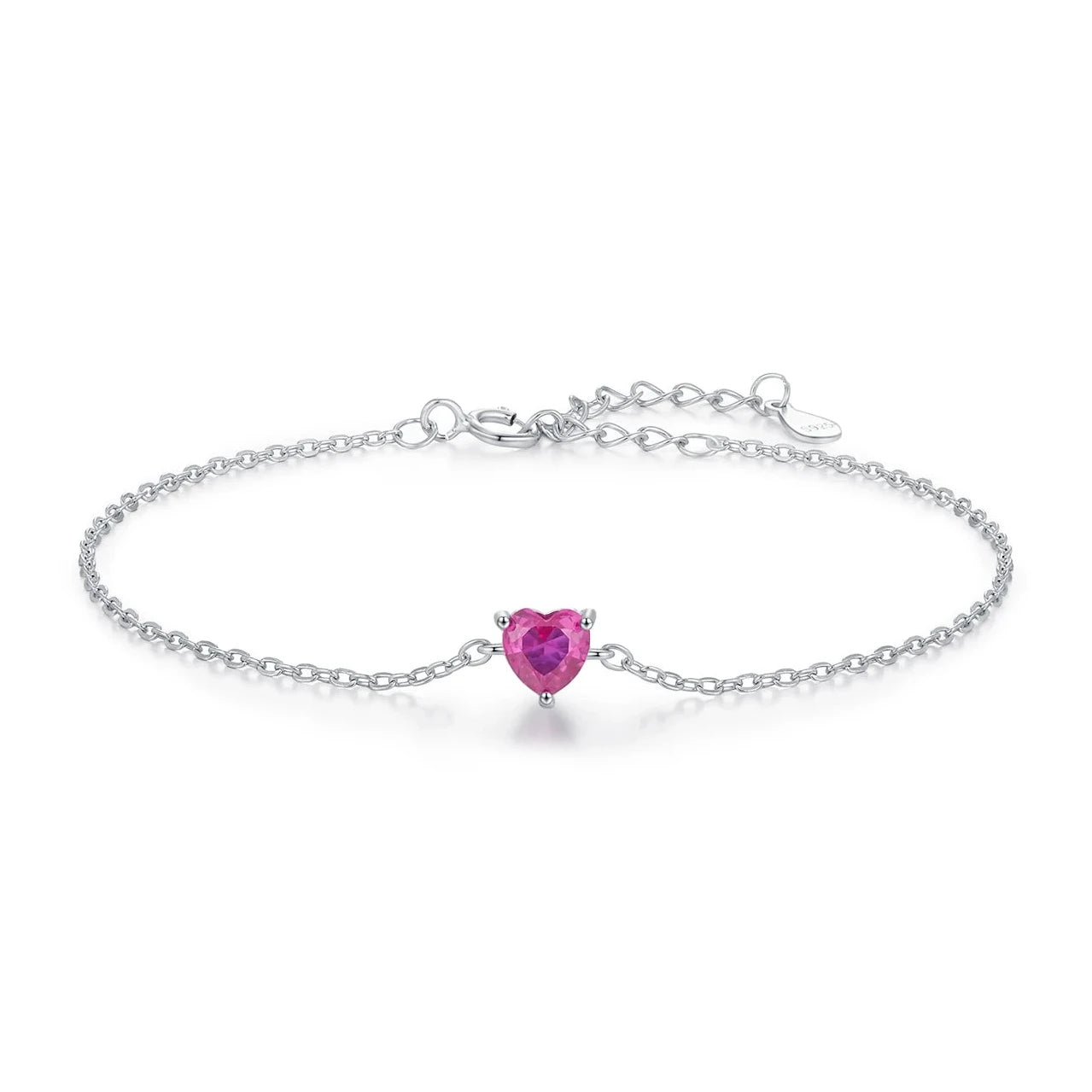 Sterling Silver Rose Red Zirconia Heart  Bracelet
