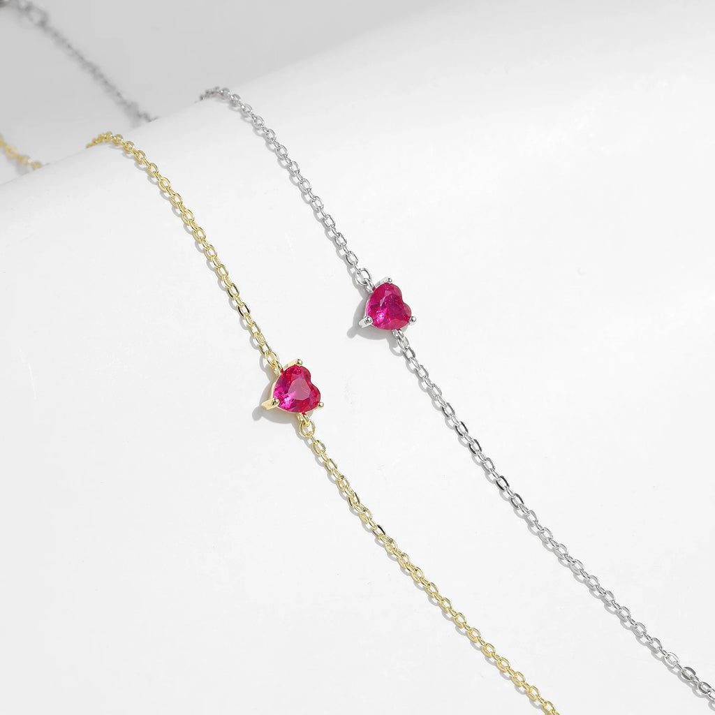 Sterling Silver Rose Red Zirconia Heart  Bracelet